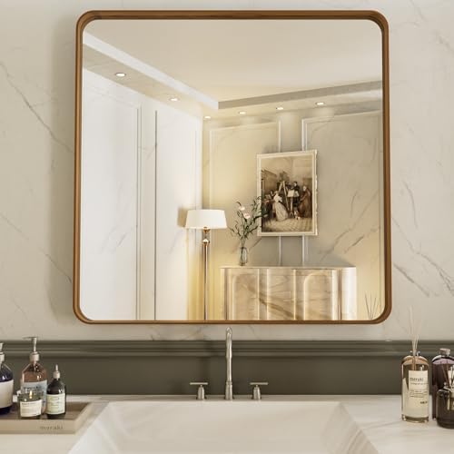 LOAAO 30X30 Bathroom Mirror, Wood Grain Colored Metal Frame by LOAAO