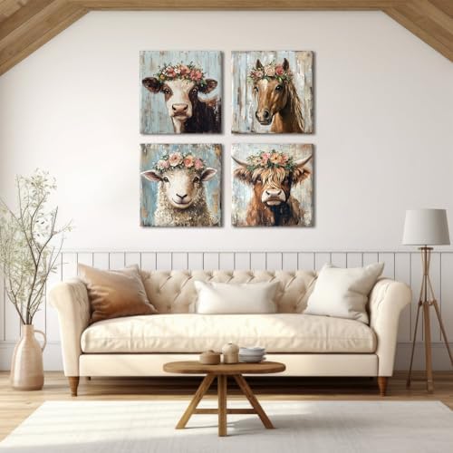 Animal Wall Art Highland Cow Wall Decor Rustic Flower Pictures Farmhouse Animal - Image 5