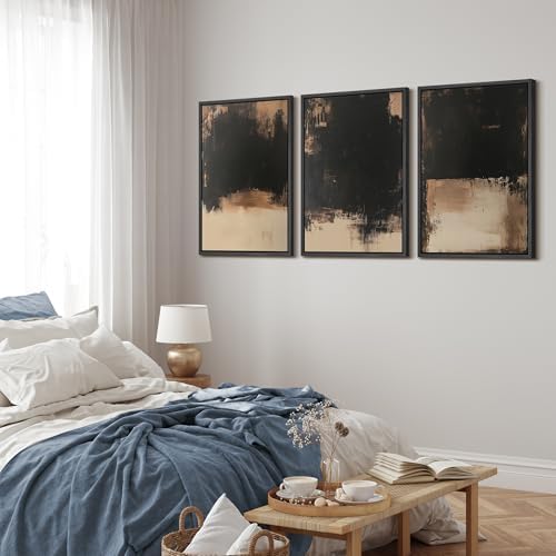MUDECOR Framed Canvas Print Wall Art Dark Abstract Black and Beige Minimalist - Image 3