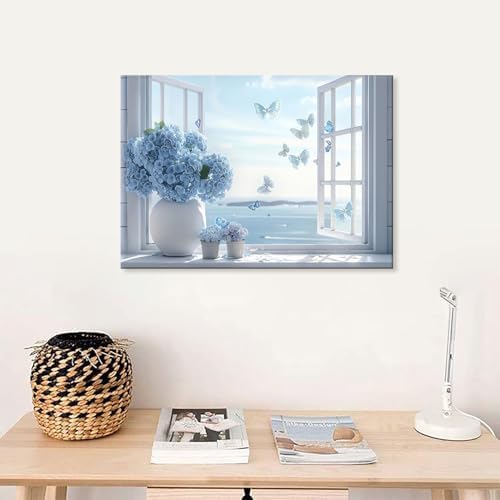 Open Window Canvas Wall Art Blue Hydrangea Floral Vase Butterfly Wall Decor - Image 4