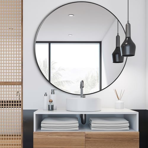 36 Inch Large Round Mirror, Metal Frame Wall Mirror Mounted Black Circle Mirrors - Image 2