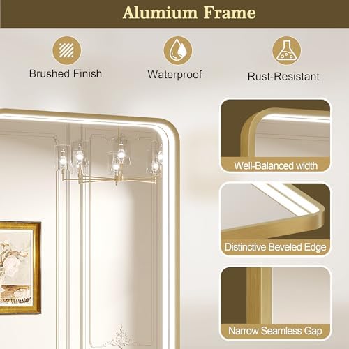 LED Bathroom Mirror with Lights, 24x32 Inch Gold Metal Framed LED Mirror - Image 6