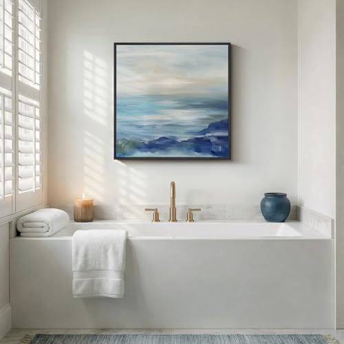 Framed Blue Abstract Wall Art Decor, Square Coastal Canvas Print, 24x24 In - Image 4