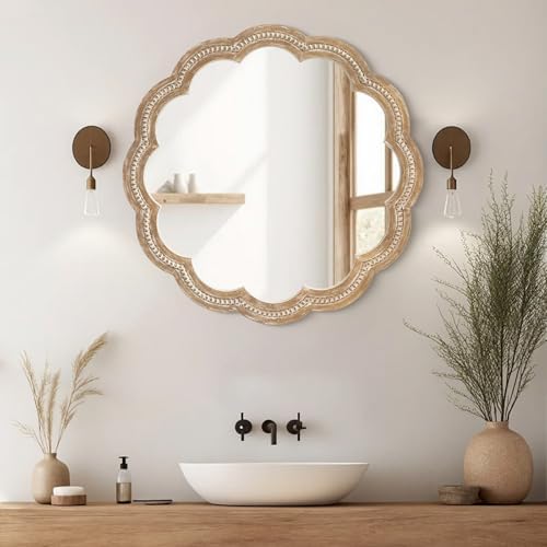 30 Inch Round Wall Mirror, Antique Brown Solid Wood Frame - Image 3