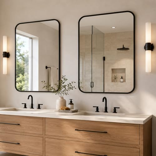 2-Pack 24x30 Inch Matte Black Rounded Rectangle Vanity Mirrors - Image 2