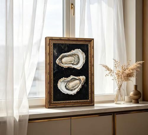 Vintage Gold Framed Oyster Wall Art Dark Moody Seafood Shell Shel Painting - Image 2