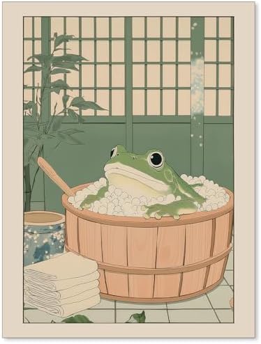 Japanese Frog in a Bathtub Wall Art Sage Green Relaxing Bathroom Posters Fun by Unknown