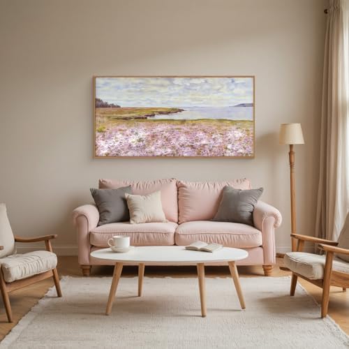 Watercolor Pink Floral Coastal Landscape Framed Canvas Wall Art-20"x40"x1 - Image 2