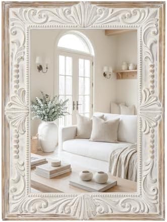 Rustic Wood Wall Mirror, 22x30" Rectangle Carved Bathroom Vanity Mirror by HHOMEWINS
