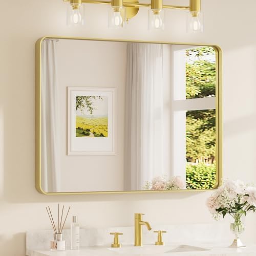 TETOTE 40 x 30 Inch Gold Bathroom Mirror, Brushed Brass Metal Frame Mirror by TETOTE