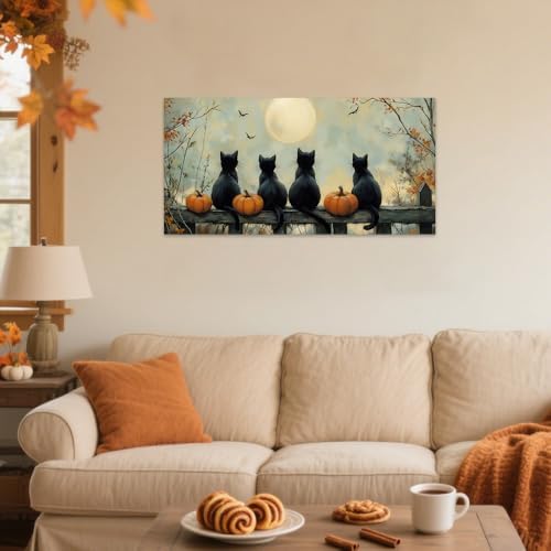 SWQYLB Autumn Pictures Wall Art Black Cat Fall Decor Halloween Animal Canvas - Image 3