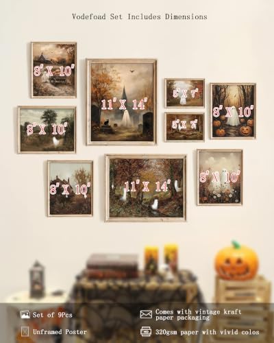Vodefoad Vintage Halloween Ghost Wall Art Prints of 9, Retro Autumn Cute Ghost - Image 4