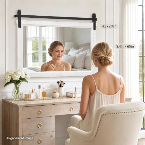 Besdomus Farmhouse Bathroom Vanity Mirror: 42"x28" White Rustic Barn Door - Image 3