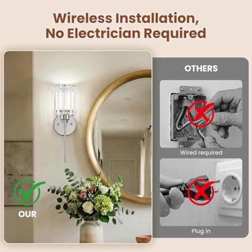 2-Pack Crystal Battery Operated Wall Sconces, Chrome Rechargeable Wireless Wall - Image 4