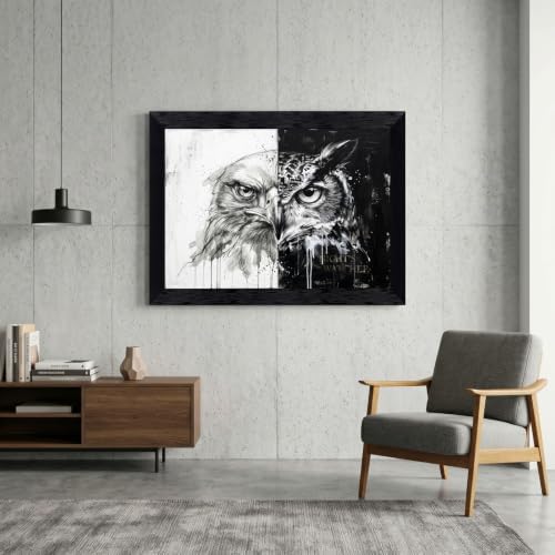 Framed Canvas Wall Art Monochrome Mixed Media Eagle and Owl Gritty Ink Wash - Image 4