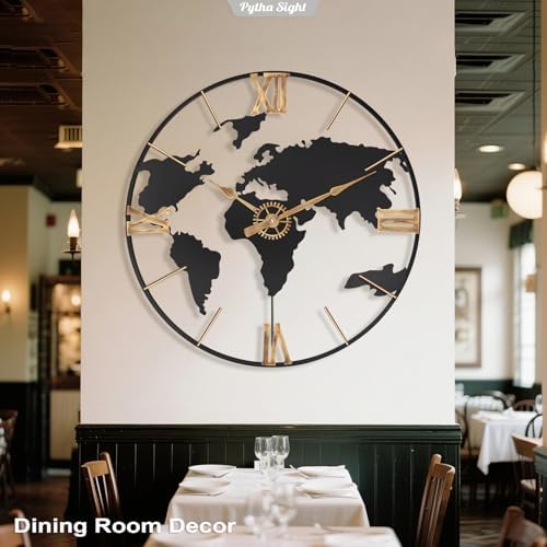 Pytha Sight 24 Inch Large World Map Vintage Gold Roman Numerals Wall Clock - Image 5