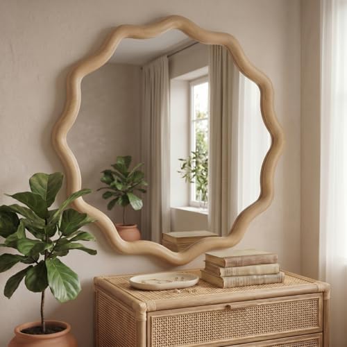 Vercraft 30" Scalloped Wood Wall Mirror, Boho Wall Decor by Vercraft