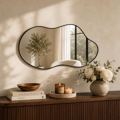 Irregular Wall Mirror 25 x 46 Inch Asymmetrical Black Mirror by POTIJO