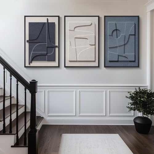 Large 3D Textured Framed Blue White Abstract Wall Art Set, 3 Piece 20x30 In - Image 4