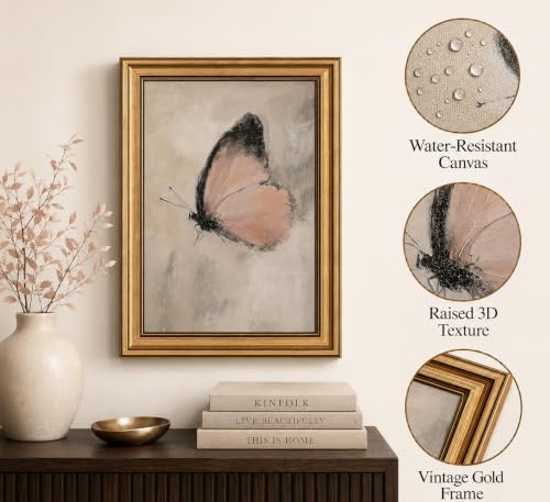 Gold Framed 3D Textured Wall Art, Vintage Pink Butterfly Canvas Prints - Image 2
