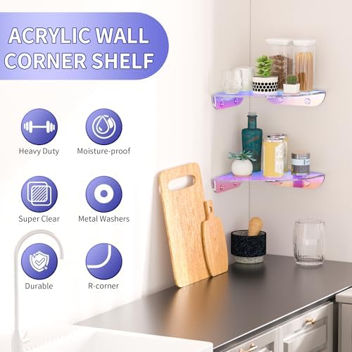 Sezanrpt 7x7 Inch Corner Shelf Wall Mount Set of 2, Iridescent Acrylic Corner - Image 3