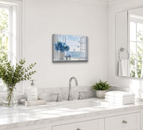 Birnsen Coastal Bathroom Canvas Wall Art Blue Hydrangea Floral Vase Butterfly - Image 6