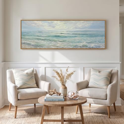 Framed Long Narrow Blue Coastal Landscape Horizontal Wall Art, 60x20 Inch - Image 4