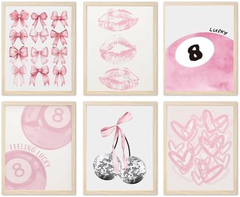 Cute Pink Girl Poster Set of 6, Light Pink Coquette Wall Art Trendy Lucky 8 by TransformYourWallsElevateYourStyle