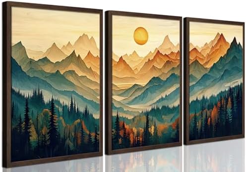Framed Boho Wall Art Set of 3, Boho Wall Decor, Sunrise Mountain Canvas Prints by MJONGwallart