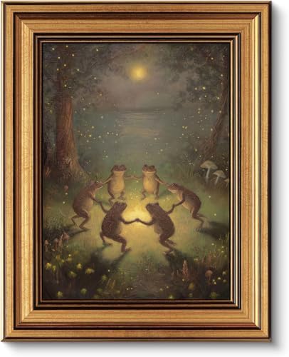 Gold Framed Wall Art, Vintage Whimsical Dancing Frogs Canvas Prints, Moonlight by YDNAKLX