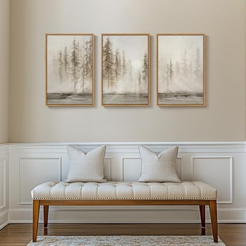 Framed Neutral Abstract Pine Tree Landscape Wall Art Bedroom, 16x24 Inch - Image 3