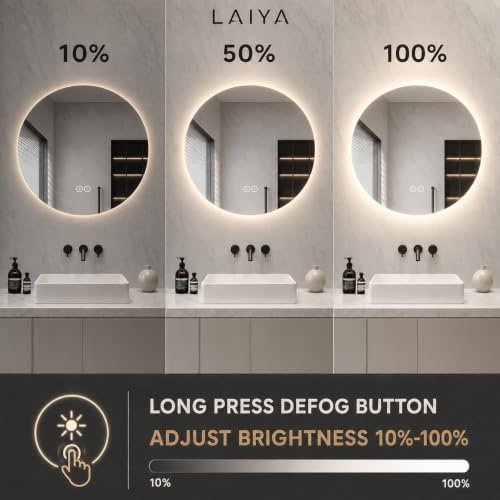 LAIYA 36 Inch Round LED Bathroom Mirror Frameless Backlit Anti-Fog Dimmable - Image 4