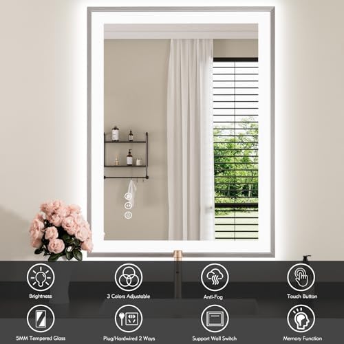 24x32 Inch LED Mirror for Bathroom, Brushed Nickel Frame - Image 2