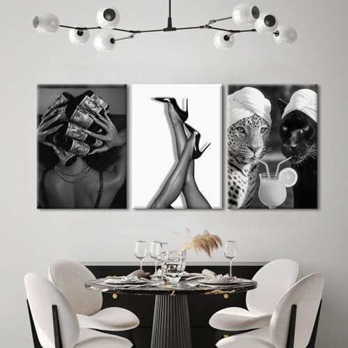 Black White Leopard Wall Art Trendy Cheetah Canvas Wall Decor Fashion Cocktail - Image 6