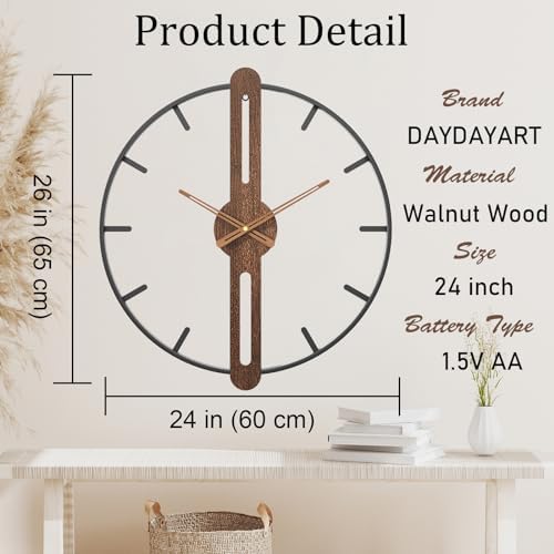 Modern Walnut Dial Wall Clock, Wood Large Wall Clock Decor Metal Frame Silent - Image 3