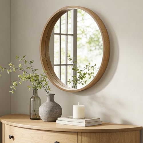 WallBeyond 28 Inch Natural Round Wood Mirror, Large Circle Wooden Frame Wall - Image 3