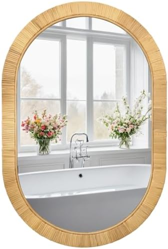 FUIN 20" x 30"Handcrafted Rattan Oval Wall Mirror – Natural Woven Wicker Frame by FUIN