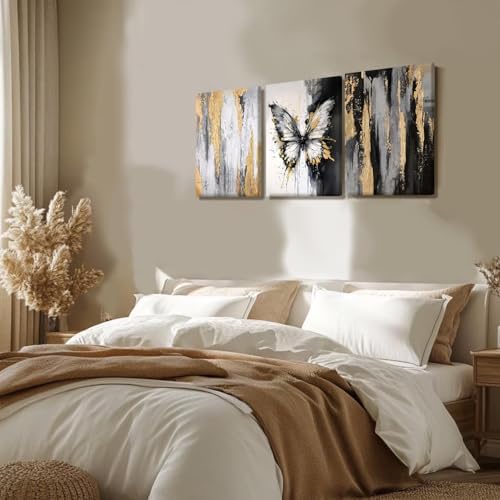 NCCXNCC 3Pcs Abstract Black and Gold Flowing Butterfly Canvas Wall Art - Image 4