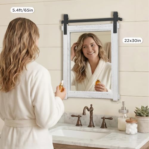 Besdomus Rustic Bathroom Vanity Mirror: 22"x30" White Farmhouse Barn Door - Image 3