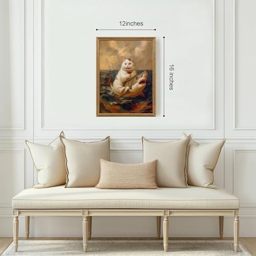 ICHZUMW Framed Funny White Cat Riding Shark Ocean Canvas Wall Art 12x16 In - Image 3
