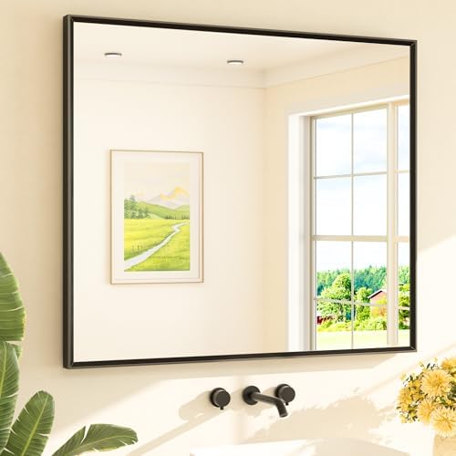 TETOTE Black Bathroom Mirror Beveled Frame 42" x 36" Black Rectangle Metal by TETOTE