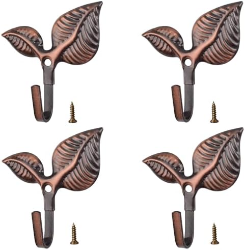 Set of 4 Vintage Leaf Wall Hooks Red Bronze Metal Coat Hooks Heavy Duty by Unknown