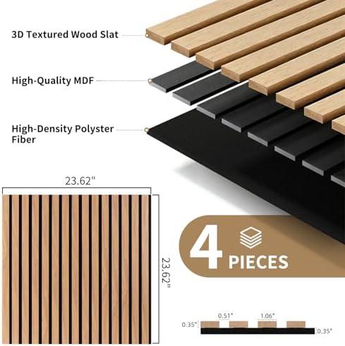 4PCS Wood Slat Acoustic Panels, Self-Adhesive Upgrade Soundproof Wall Panels - Image 2
