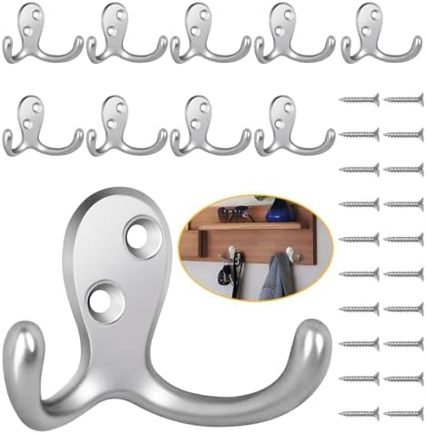 Homanu 10 Pack Silver Coat Hooks Wall Mounted Double Prong by Homanu