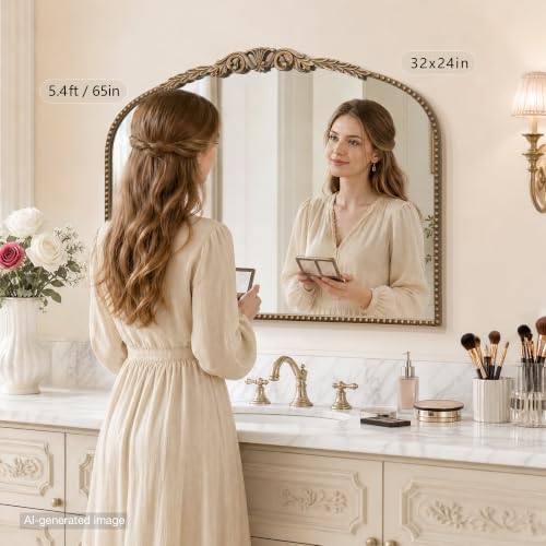 Besdomus Gold Vintage Vanity Mirror: 32"x24" French Baroque Arched Mirror - Image 3