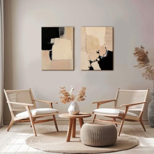 RUURUU 2Pcs Framed Black and Brown Abstract Canvas Wall Art Neutral Mid-Century - Image 2