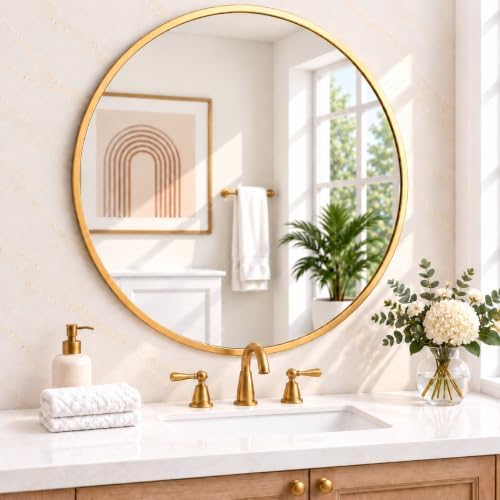 Garvee 36 Inch Round Wall Mirror Gold Metal Frame Circle Mirror Bathroom Decor by Garvee
