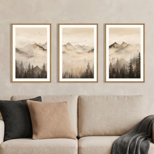 Neutral Misty Mountain Forest Framed Canvas Wall Art-16"x24"x3 by Celestdeco