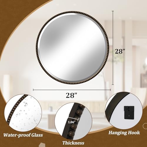 28'' Round Mirror, Beaded Circle Decorative Wall Mirror - Image 4