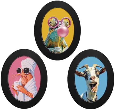 3Pcs Funny Cute Animal Oval Wall Art Framed Whimsical Modern Decor by Unknown